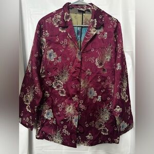 Chico's Asian-inspired magenta rayon-polyester blend floral brocade jacket size2